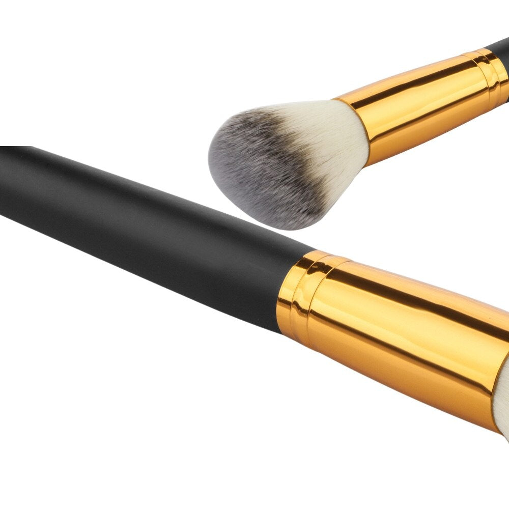 Set pensule machiaj profesional 10 bucăți, peri sintetici, mânere ergonomice negru și auriu