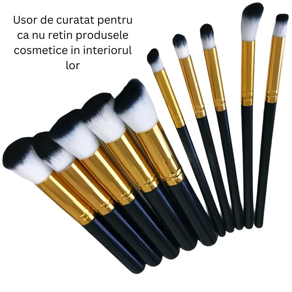 Set pensule machiaj profesional 10 bucăți, peri sintetici, mânere ergonomice negru și auriu