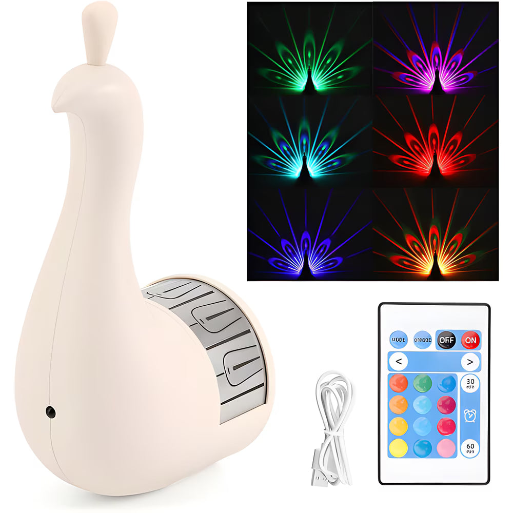 Lampă decorativă model păun, LED cu USB, mai multe moduri iluminare, control telecomandă/tactil, negru/alb