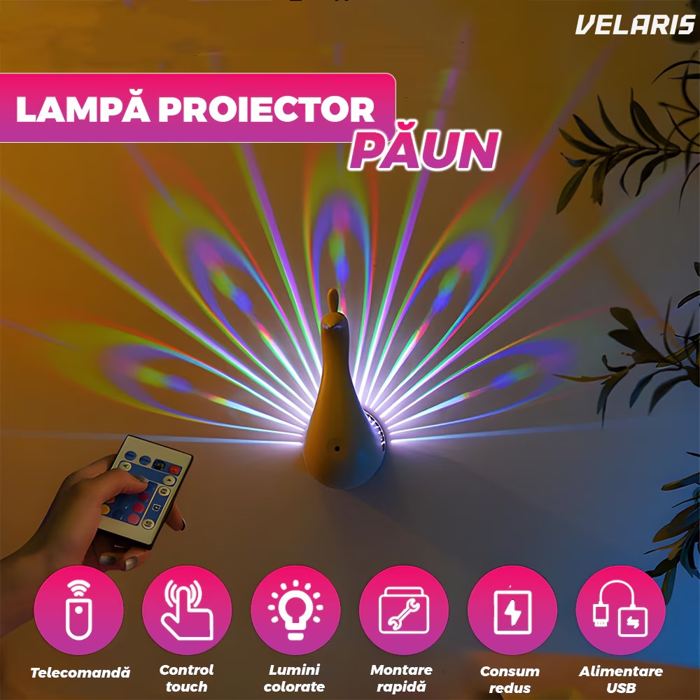 Lampă decorativă model păun, LED cu USB, mai multe moduri iluminare, control telecomandă/tactil, negru/alb