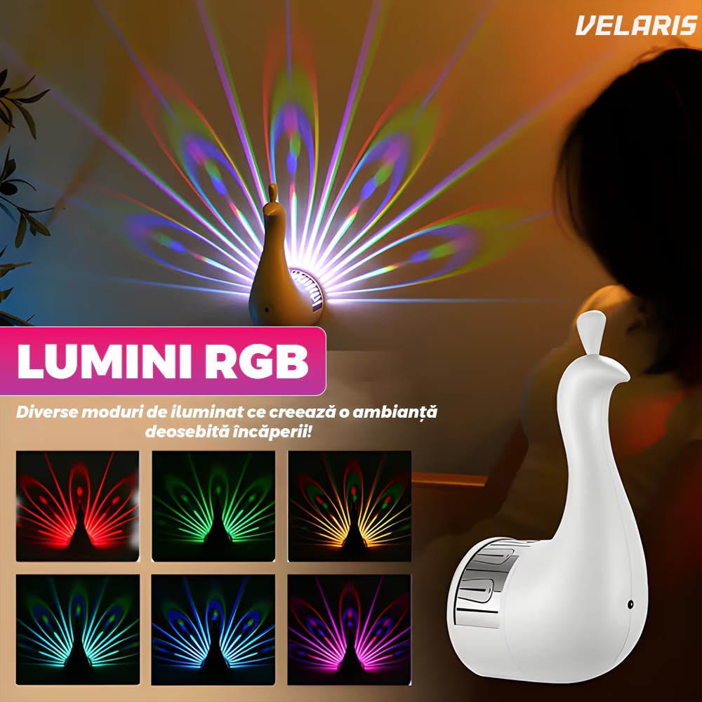 Lampă decorativă model păun, LED cu USB, mai multe moduri iluminare, control telecomandă/tactil, negru/alb