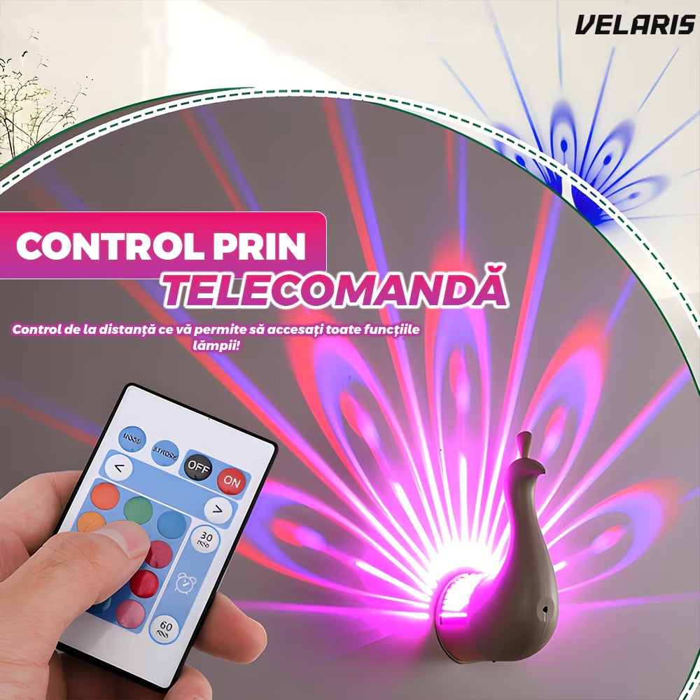 Lampă decorativă model păun, LED cu USB, mai multe moduri iluminare, control telecomandă/tactil, negru/alb