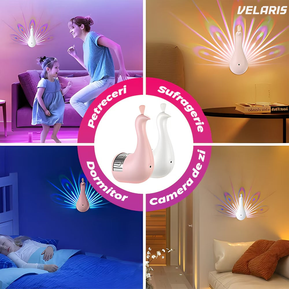 Lampă decorativă model păun, LED cu USB, mai multe moduri iluminare, control telecomandă/tactil, negru/alb