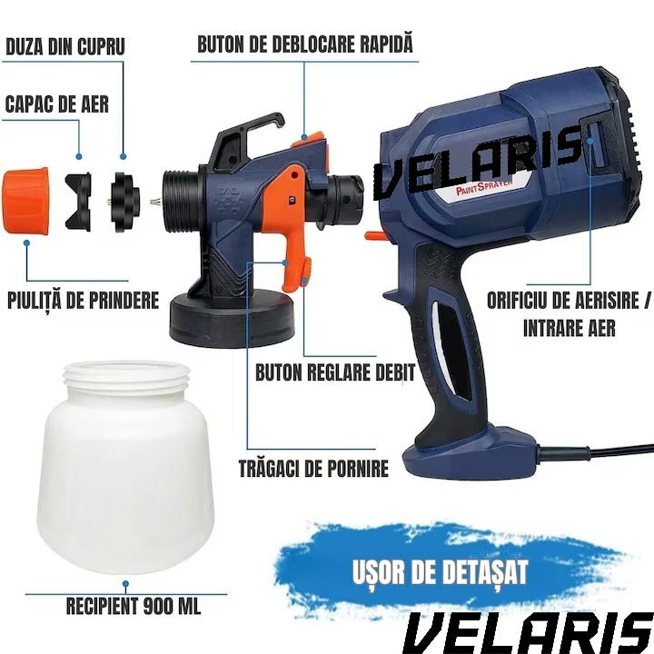 Pulverizator electric vopsea 700W albastru vas 900 ml 3 moduri pulverizare debit reglabil 4 duze