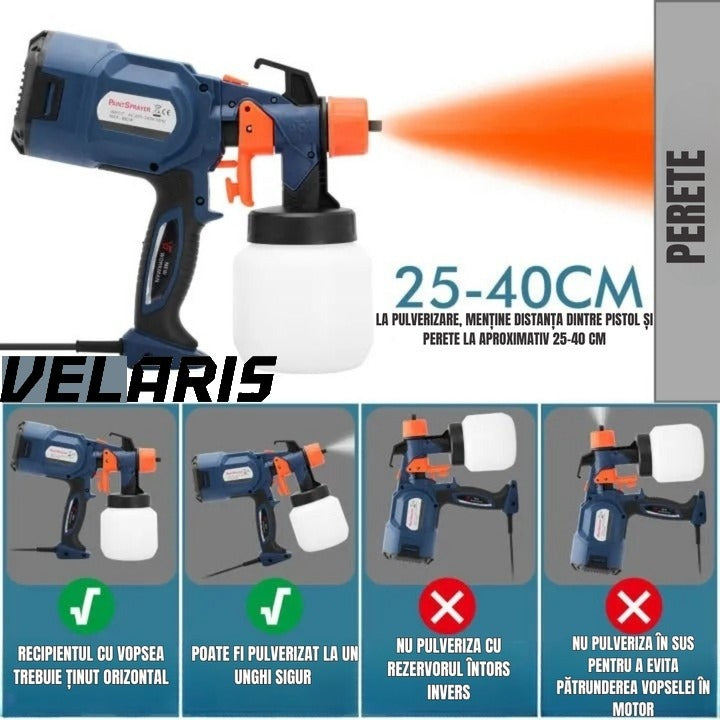 Pulverizator electric vopsea 700W albastru vas 900 ml 3 moduri pulverizare debit reglabil 4 duze