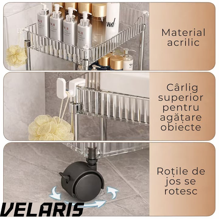 Raft depozitare mobil cu 3 rafturi acrilice ingust cu roti pentru bucatarie baie si spatii mici 41 x 16 x 60 cm
