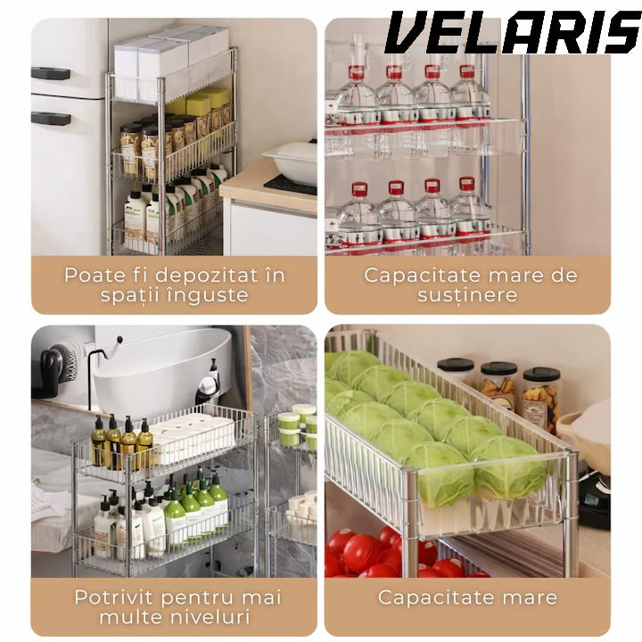 Raft depozitare mobil cu 3 rafturi acrilice ingust cu roti pentru bucatarie baie si spatii mici 41 x 16 x 60 cm