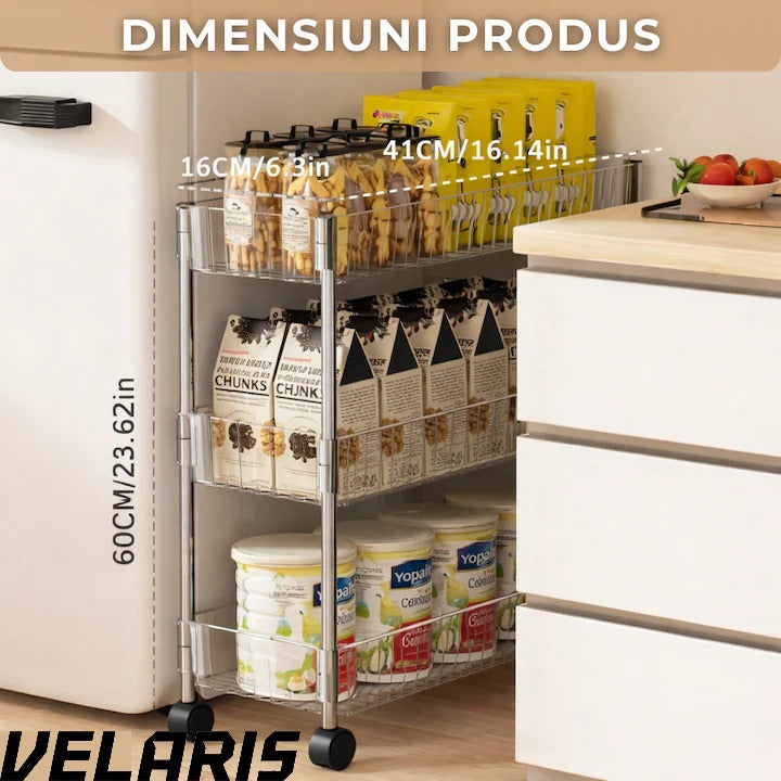 Raft depozitare mobil cu 3 rafturi acrilice ingust cu roti pentru bucatarie baie si spatii mici 41 x 16 x 60 cm