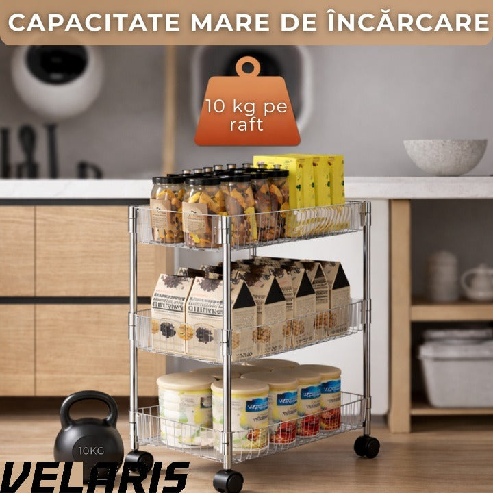 Raft depozitare mobil cu 3 rafturi acrilice ingust cu roti pentru bucatarie baie si spatii mici 41 x 16 x 60 cm