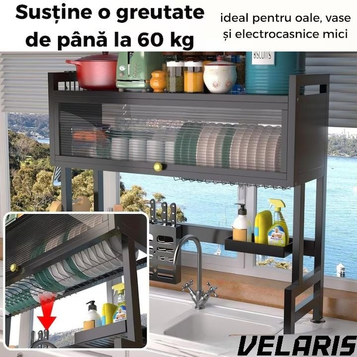 Raft scurgator vase chiuveta inox 3 nivele cu usa rabatabila protectie praf si suporturi laterale