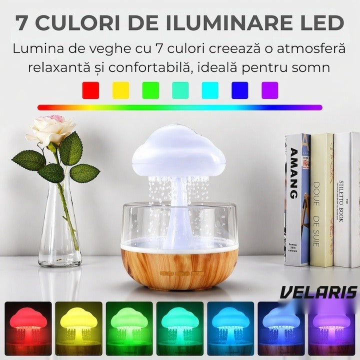 Umidificator și difuzor aromaterapie Rain Cloud, 7 LED-uri color, sunet relaxant, USB, 400ml