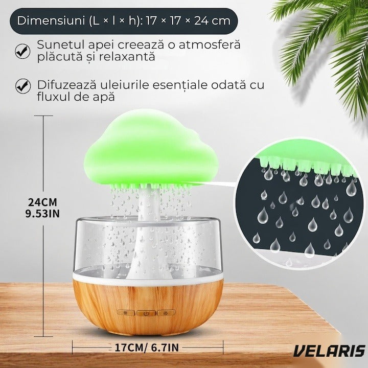 Umidificator și difuzor aromaterapie Rain Cloud, 7 LED-uri color, sunet relaxant, USB, 400ml
