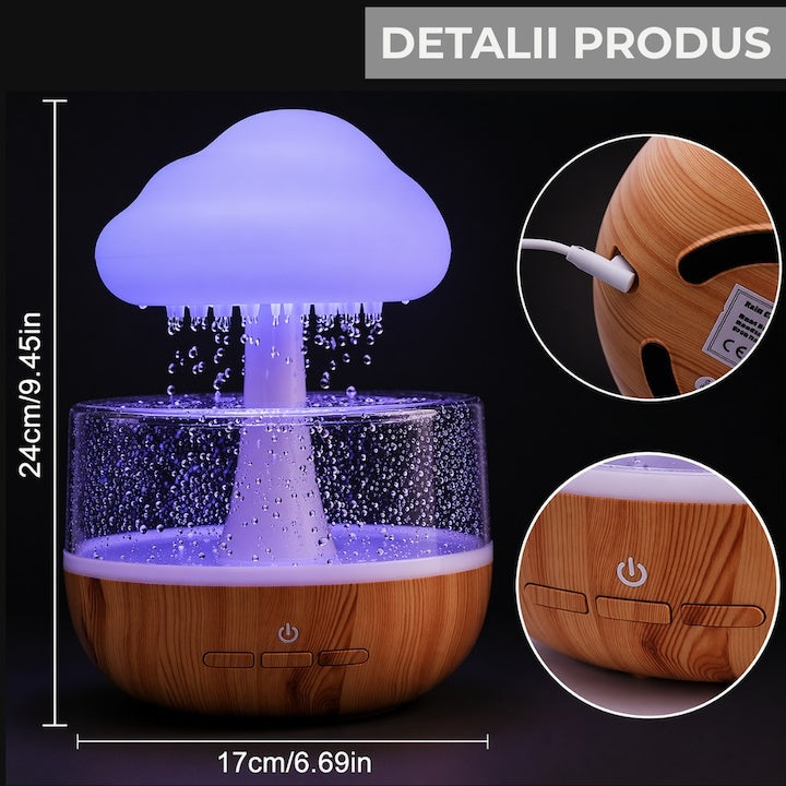Umidificator și difuzor aromaterapie Rain Cloud, 7 LED-uri color, sunet relaxant, USB, 400ml
