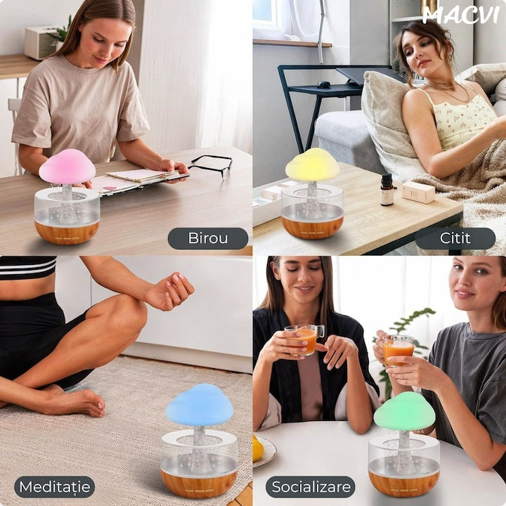 Umidificator și difuzor aromaterapie Rain Cloud, 7 LED-uri color, sunet relaxant, USB, 400ml