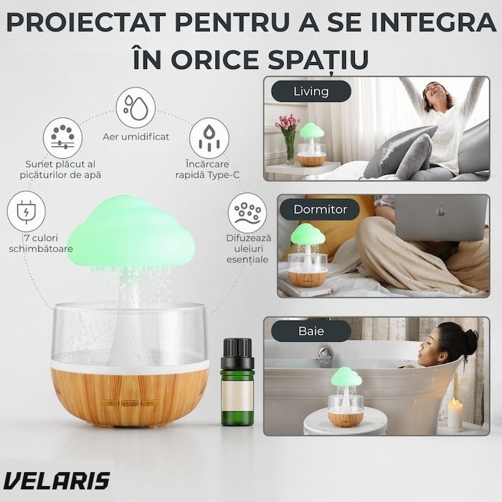 Umidificator și difuzor aromaterapie Rain Cloud, 7 LED-uri color, sunet relaxant, USB, 400ml