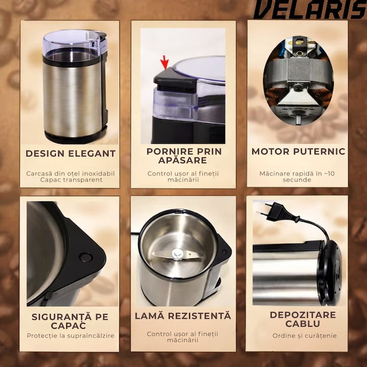 Rasnita Electrica de Cafea, 180W, Cutite din Otel Inoxidabil, Capacitate 75 g, Macinare Rapida si Uniforma