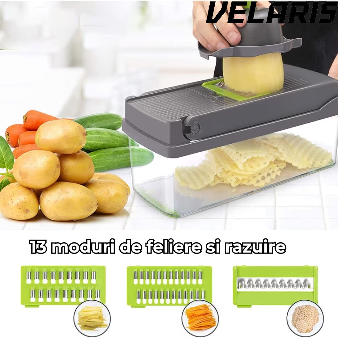 Razatoare Multifunctionala 15 in 1, 20 Piese, 13 Tipuri de Feliere, Ideala pentru Fructe, Legume si Branzeturi, Otel Inoxidabil, Verde/Gri