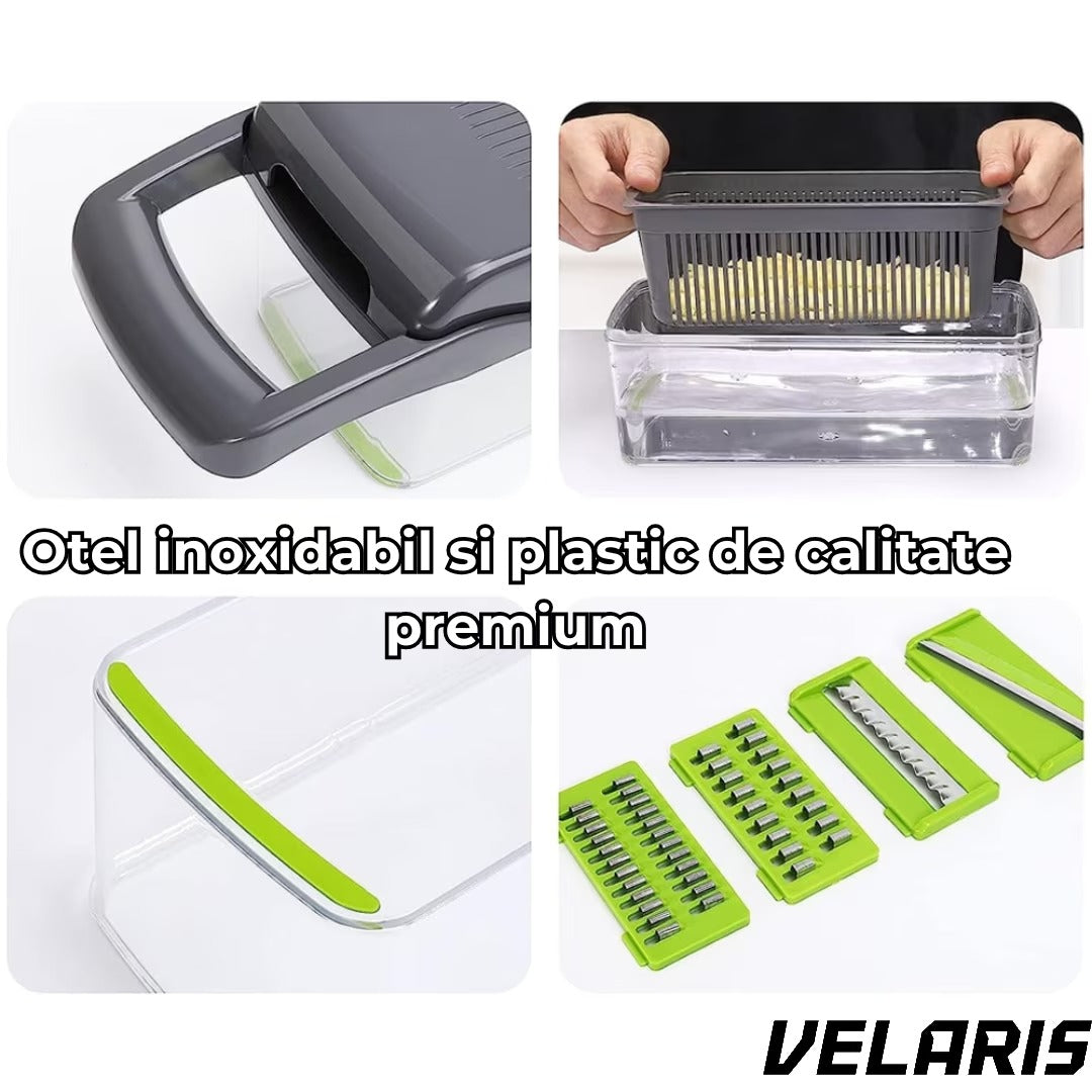 Razatoare Multifunctionala 15 in 1, 20 Piese, 13 Tipuri de Feliere, Ideala pentru Fructe, Legume si Branzeturi, Otel Inoxidabil, Verde/Gri