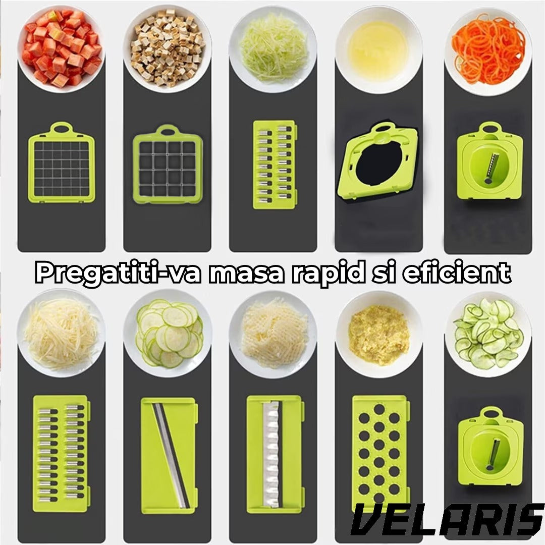 Razatoare Multifunctionala 15 in 1, 20 Piese, 13 Tipuri de Feliere, Ideala pentru Fructe, Legume si Branzeturi, Otel Inoxidabil, Verde/Gri
