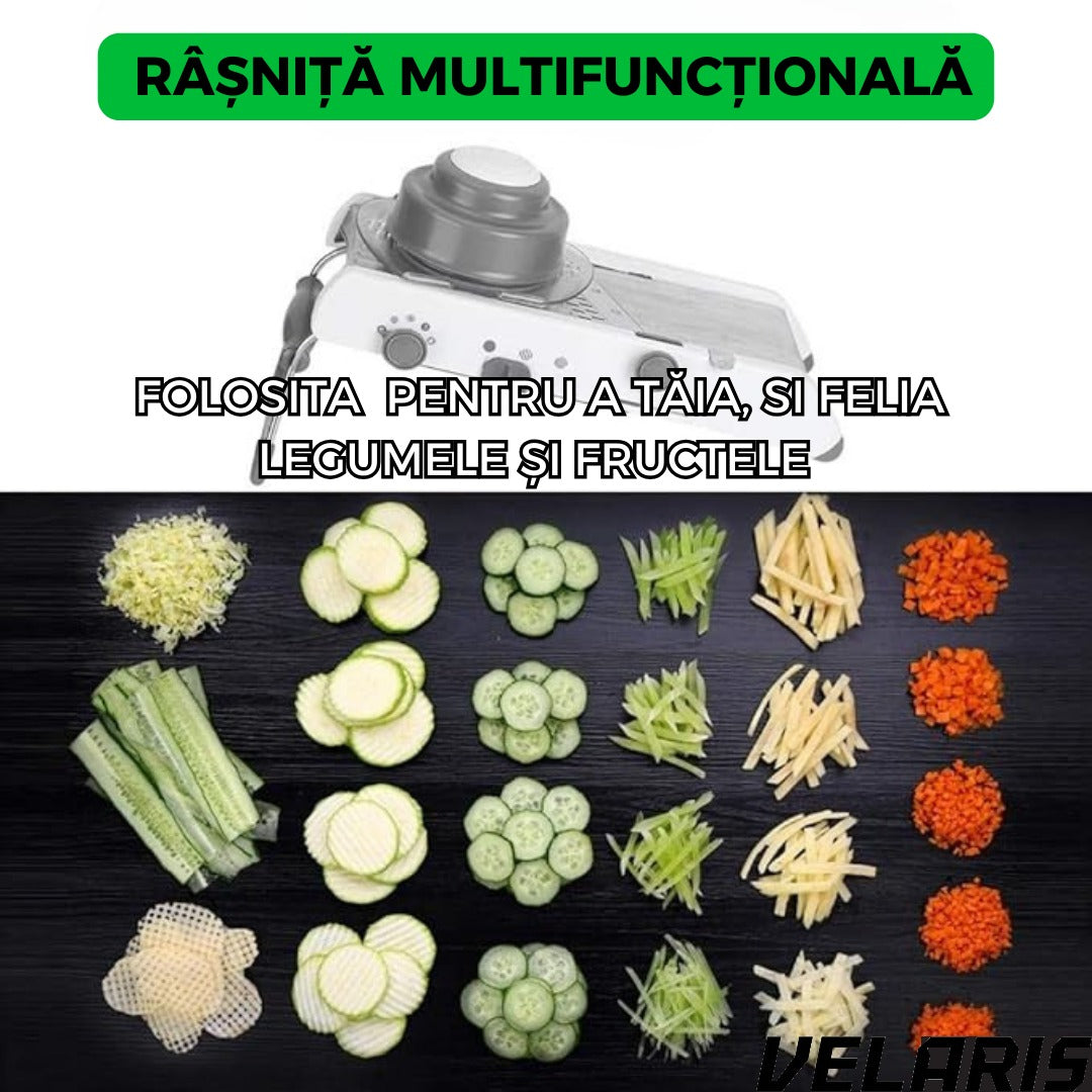 Razatoare Multifunctionala pentru legume si fructe, 18 taieturi diferite, lame inox, reglabila 1-7 mm, ergonomica, gri
