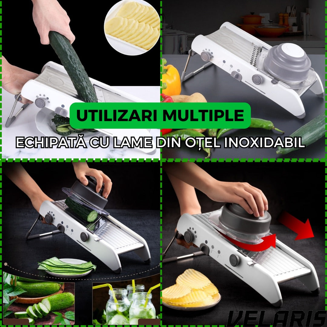 Razatoare Multifunctionala pentru legume si fructe, 18 taieturi diferite, lame inox, reglabila 1-7 mm, ergonomica, gri