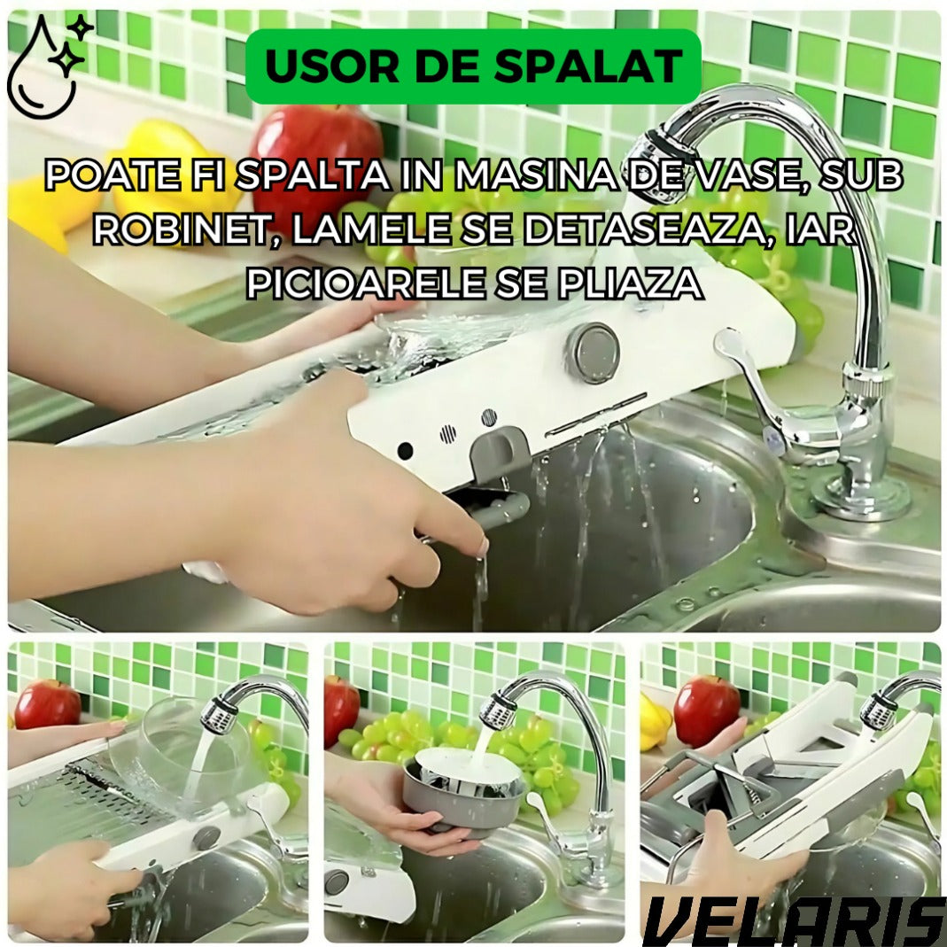 Razatoare Multifunctionala pentru legume si fructe, 18 taieturi diferite, lame inox, reglabila 1-7 mm, ergonomica, gri