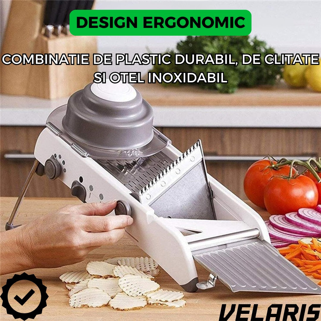 Razatoare Multifunctionala pentru legume si fructe, 18 taieturi diferite, lame inox, reglabila 1-7 mm, ergonomica, gri
