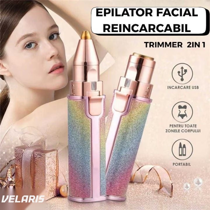 Epilator facial reîncărcabil 2în1 cu trimmer pentru sprâncene, iluminare LED, USB, portabil