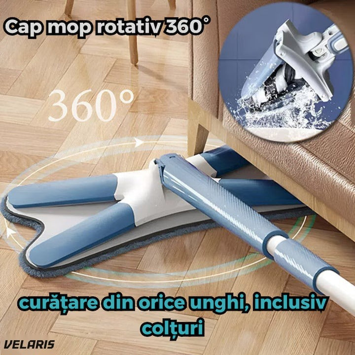 Mop dreptunghiular cu storcere integrată, 2 pernuțe microfibră reutilizabile, albastru