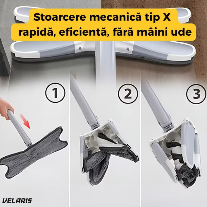 Mop dreptunghiular cu storcere integrată, 2 pernuțe microfibră reutilizabile, albastru