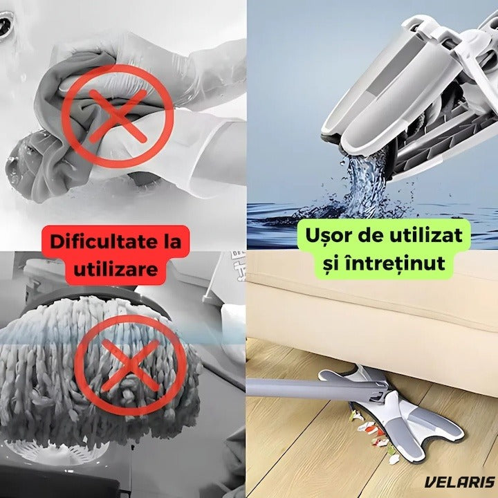 Mop dreptunghiular cu storcere integrată, 2 pernuțe microfibră reutilizabile, albastru