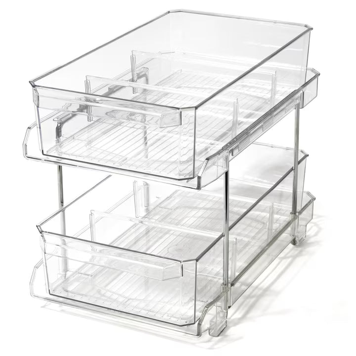 Organizator frigider cu 2 niveluri, sertare glisante, separatoare detașabile, transparent, 33x23x19 cm