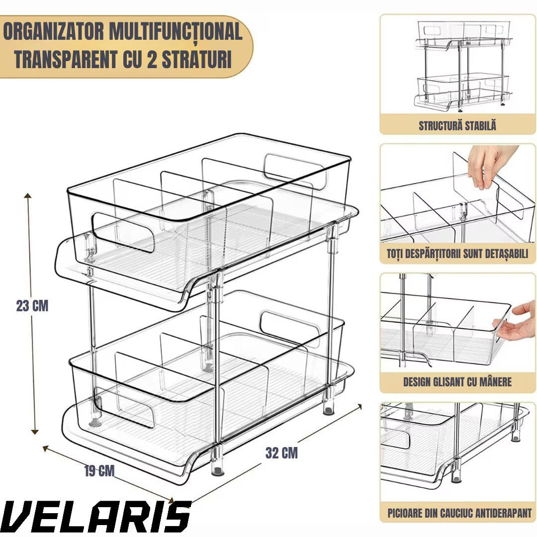 Organizator frigider cu 2 niveluri, sertare glisante, separatoare detașabile, transparent, 33x23x19 cm