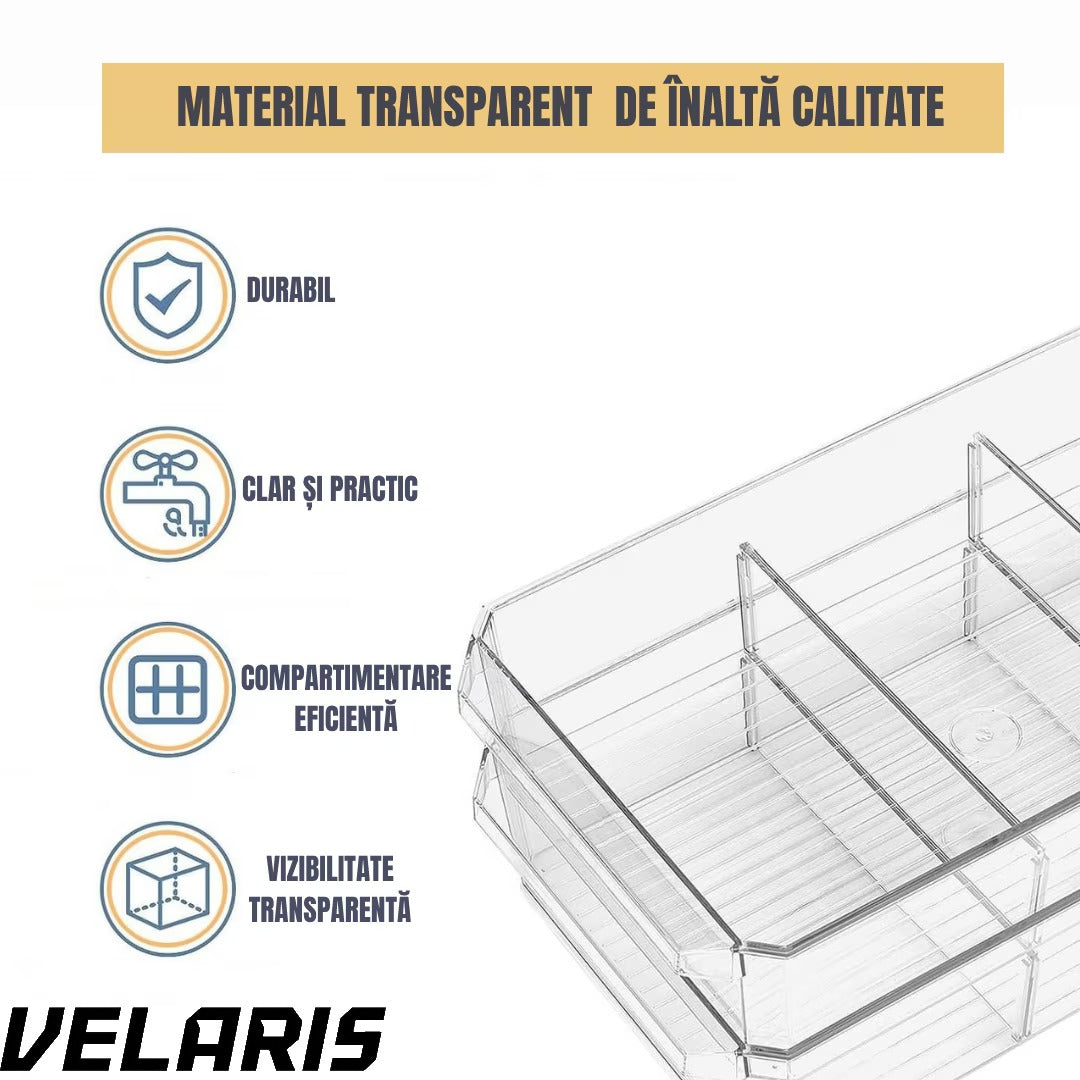 Organizator frigider cu 2 niveluri, sertare glisante, separatoare detașabile, transparent, 33x23x19 cm