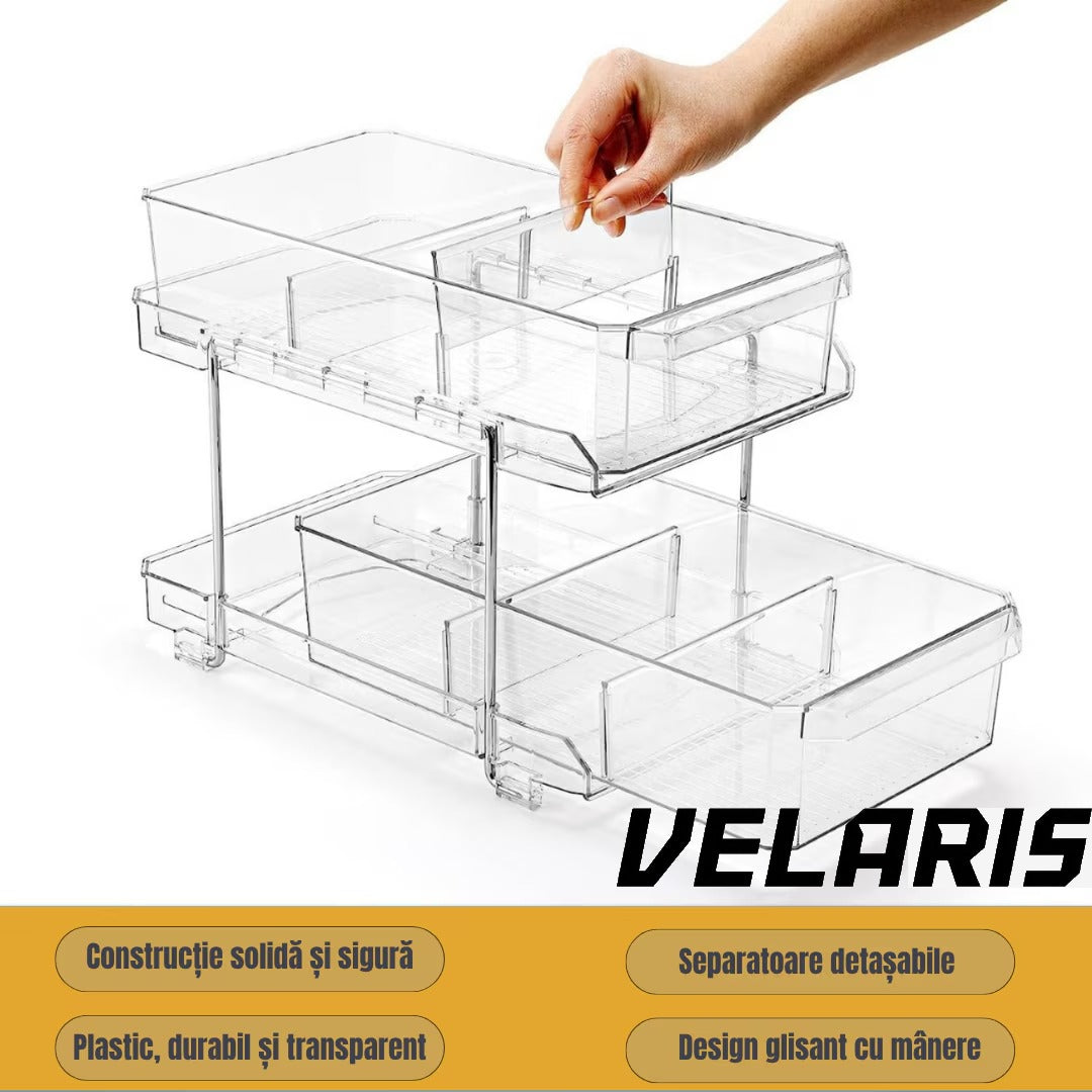 Organizator frigider cu 2 niveluri, sertare glisante, separatoare detașabile, transparent, 33x23x19 cm