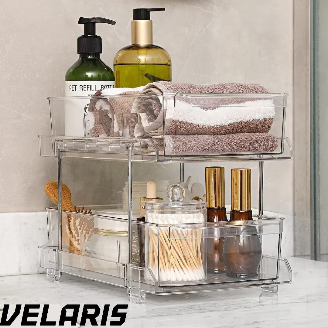 Organizator frigider cu 2 niveluri, sertare glisante, separatoare detașabile, transparent, 33x23x19 cm