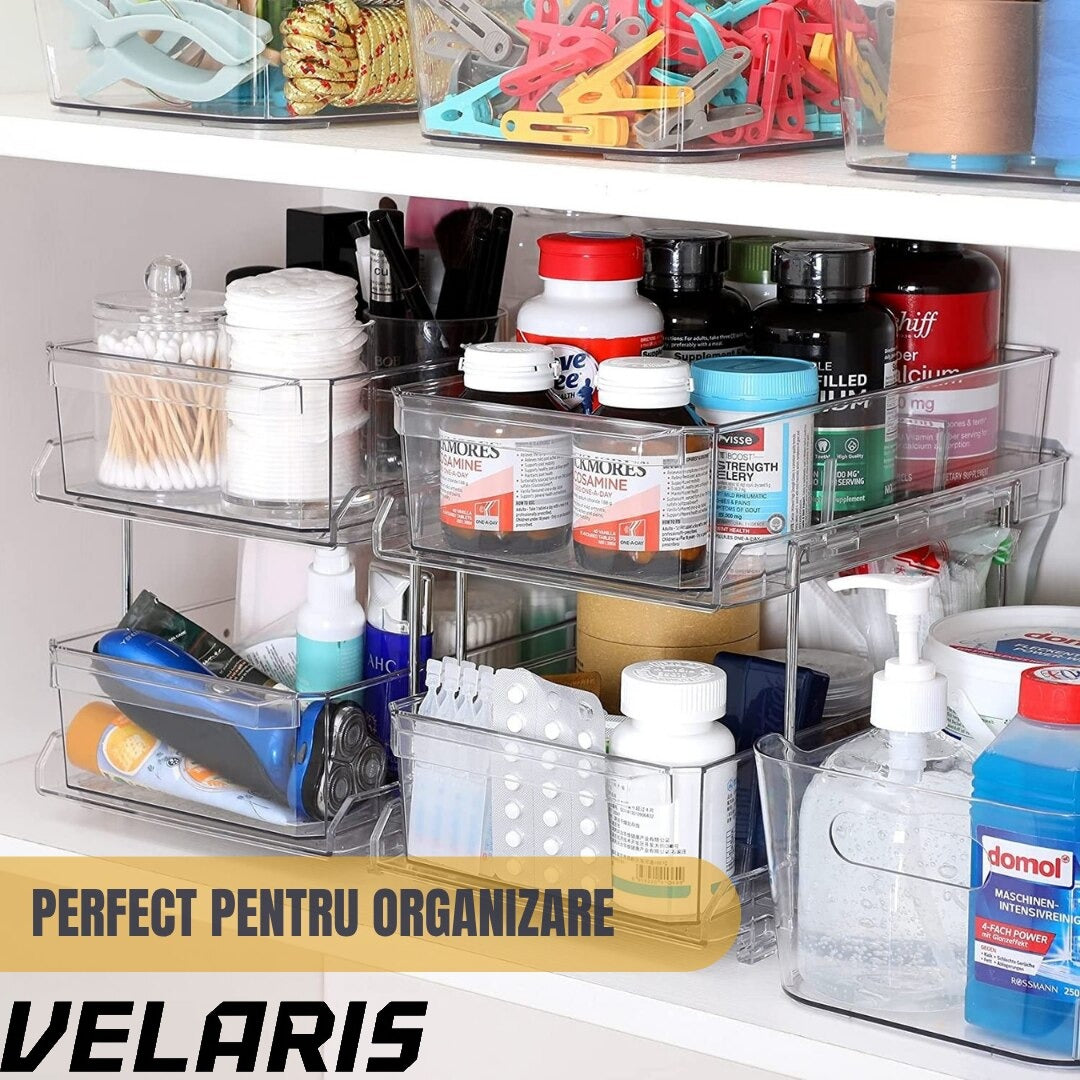 Organizator frigider cu 2 niveluri, sertare glisante, separatoare detașabile, transparent, 33x23x19 cm