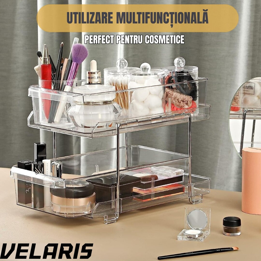 Organizator frigider cu 2 niveluri, sertare glisante, separatoare detașabile, transparent, 33x23x19 cm