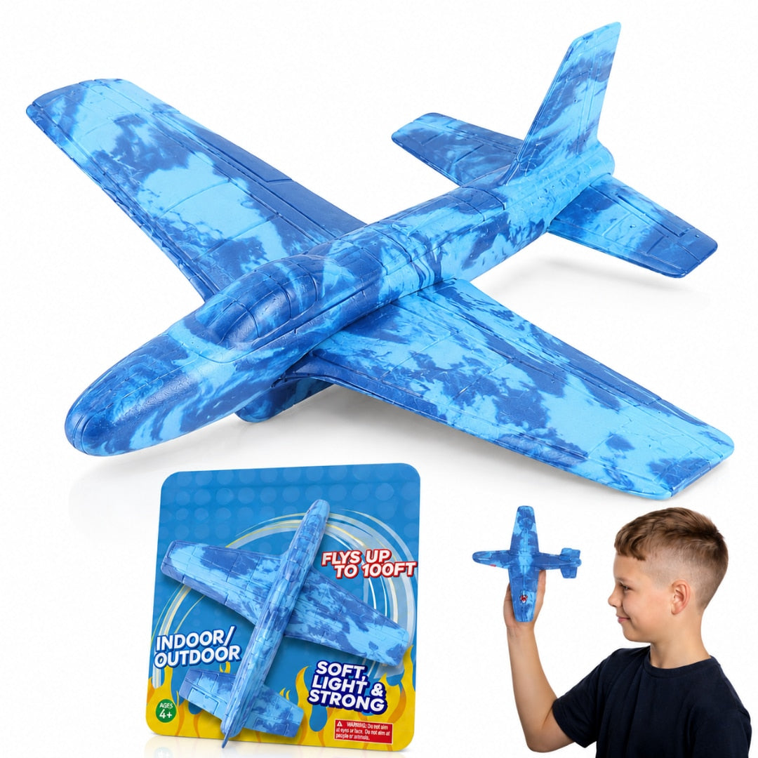 Avion zburator, planor rezistent, zboara pana la 30m, Albastru, Material rezistent la impact si cazaturi, pentru copii 6+ ani