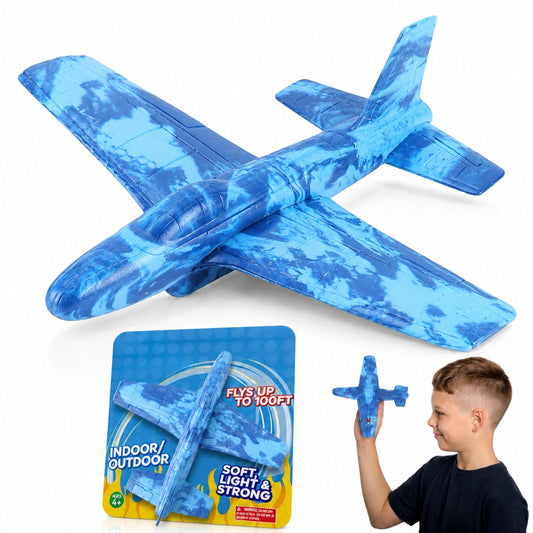 Avion zburator, planor rezistent, zboara pana la 30m, Albastru, Material rezistent la impact si cazaturi, pentru copii 6+ ani
