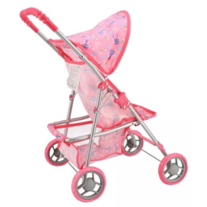 Carucior pliabil pentru papusi, cadru metalic rezistent, 4 roti stabile, maner reglabil, cos de depozitare, design realist, roz