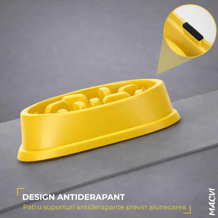 Alimentator Lent pentru Animale, Bol Antiderapant Hranire Lenta pentru Caini si Pisici Design Interior AntiInghitire Material Sigur Usor de Curatat Rezistent, Galben