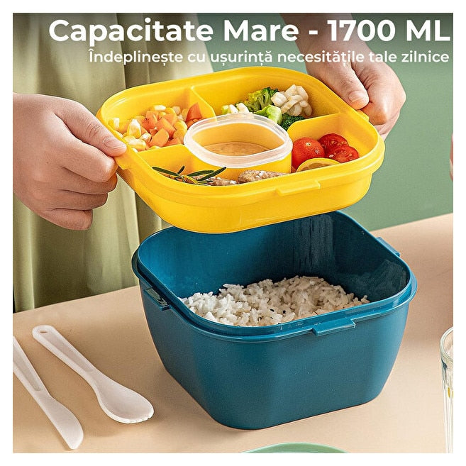 Caserola Alimentara 1.7L cu 4 Compartimente si Recipient Sos Lunch Box BPA Free