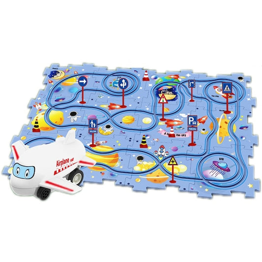 Set puzzle educational cu pista de masinute si avion, 25 piese, model spatiu albastru, 47x38 cm, jucarie interactiva pentru copii 3+ ani