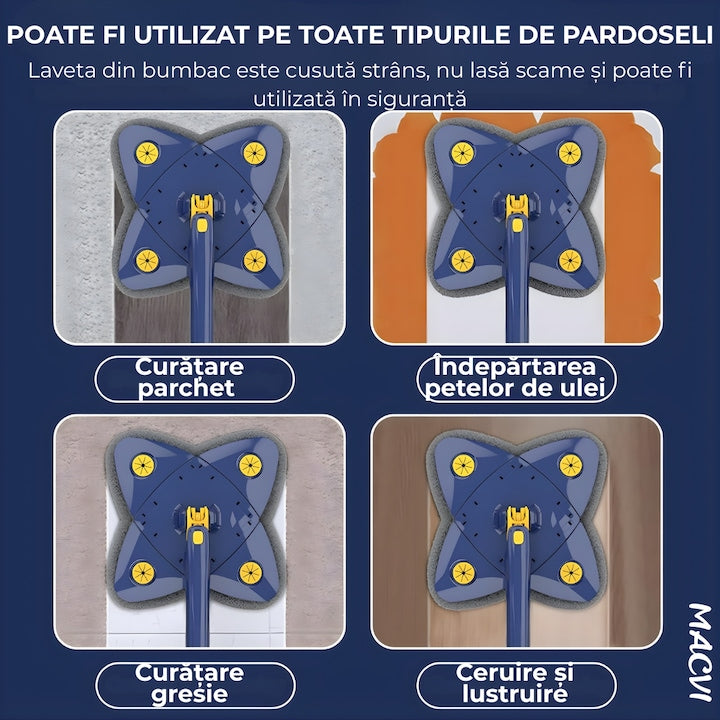 Mop cu Cap Stea 360° Telescopic Curatare Usoara, 2 lavete Microfibra, Lungime 123 cm, Albastru/Galben