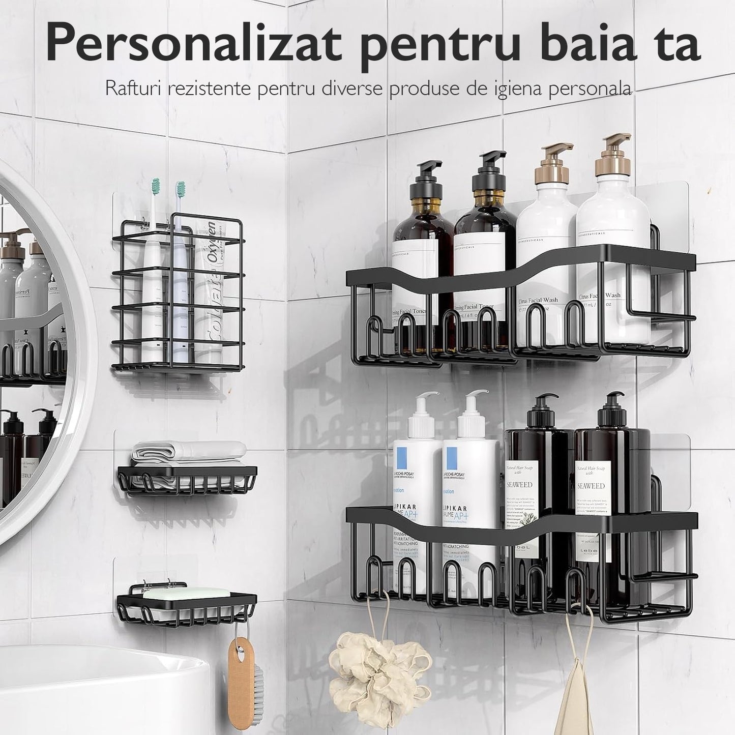 Set 5 Rafturi Organizatoare pentru Baie si Bucatarie, Inox Negru, Montaj Fara Gauri, Suport Sapun, Periute si Gel de Dus, Design Modern si Durabil