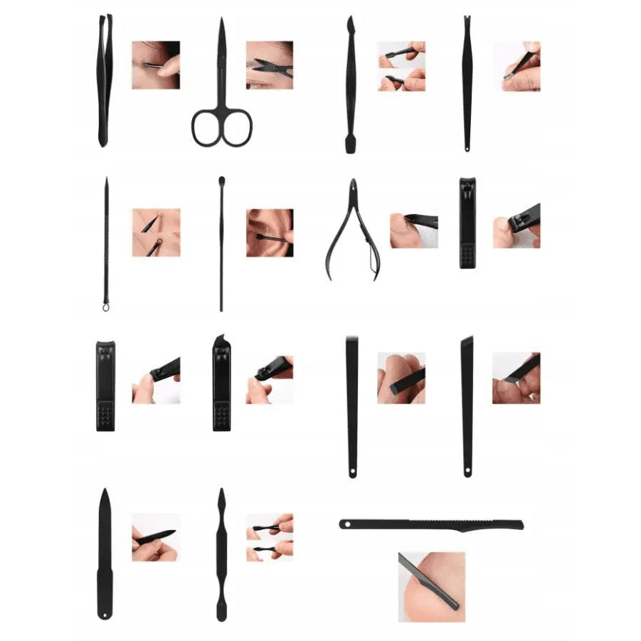 Set manichiura pedichiura 15 piese din inox cu husa din piele ecologica si interior de velur sintetic rosu pentru ingrijirea completa a unghiilor