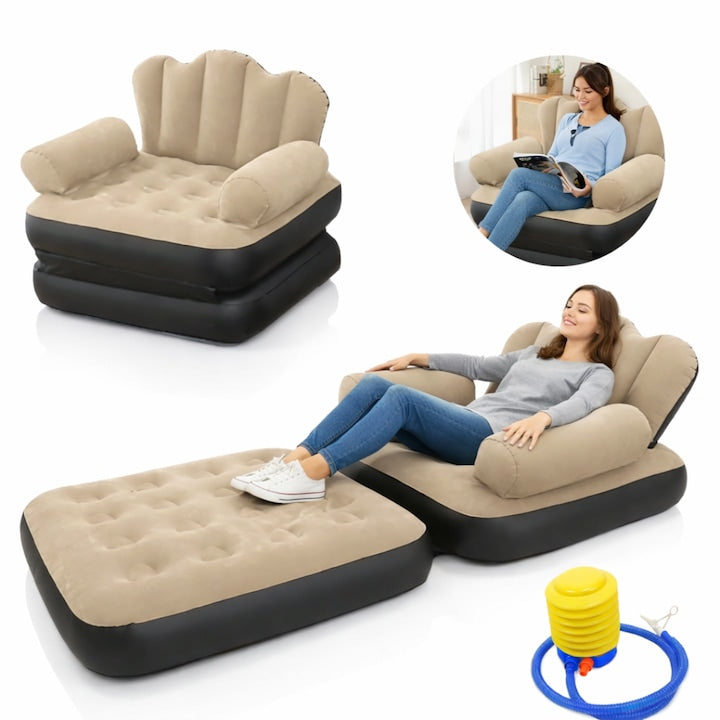 Fotoliu Gonflabil XL 2 in 1 Portabil Pentru Interior, Exterior, Camping sau Plaja, Design Ergonomic, 100x88x90 cm, Maro