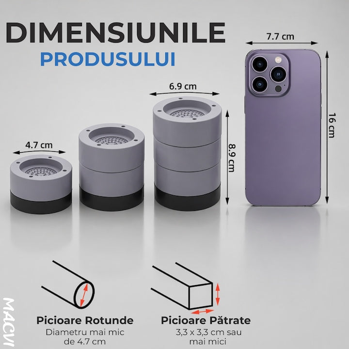 Set 4 Tampoane pentru Picioare din Plastic, Gri Protectie si Stabilitate pentru Masina de Spalat
