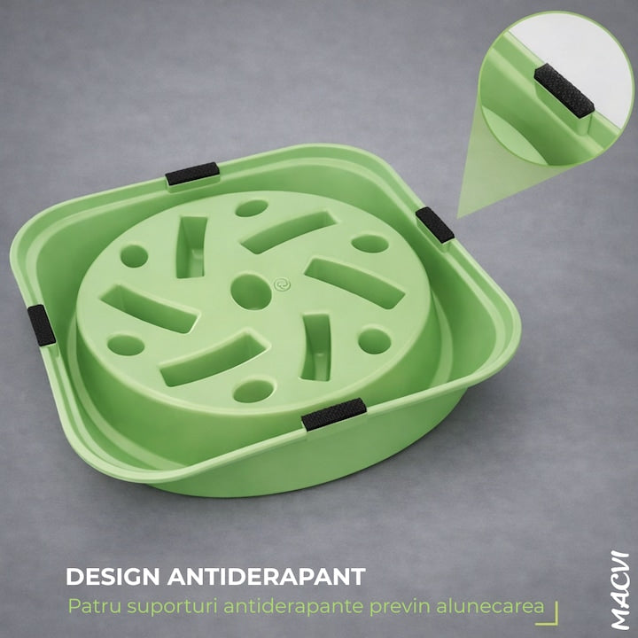 Bol pentru caini, hranire lenta, plastic, antiderapant, 19 cm, verde